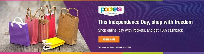 India Desire : ICICI Pockets Independence Day Offer: Get 10% Cashback On Transaction At Online Shopping Sites